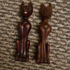 Vintage 1950’s hand carved wooden siamese cats.